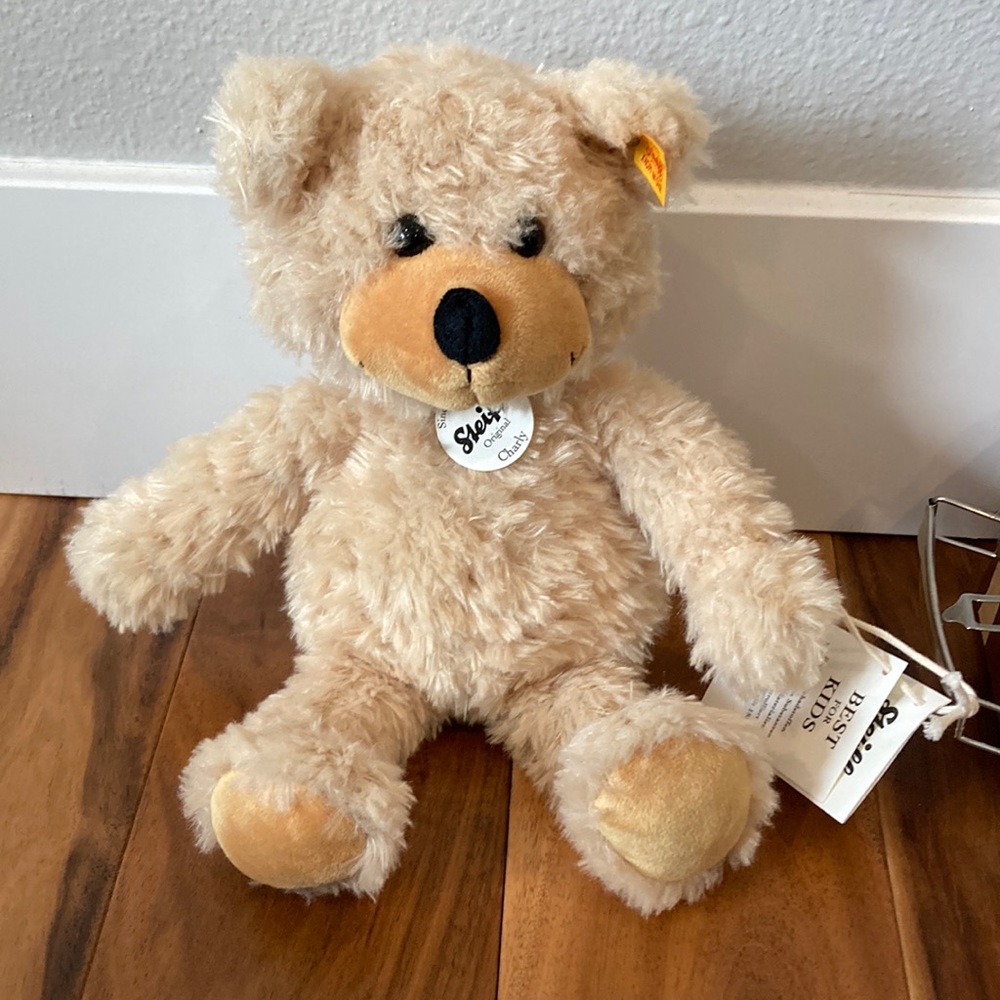 Tan teddy bear with brown suitcase box - new with tags